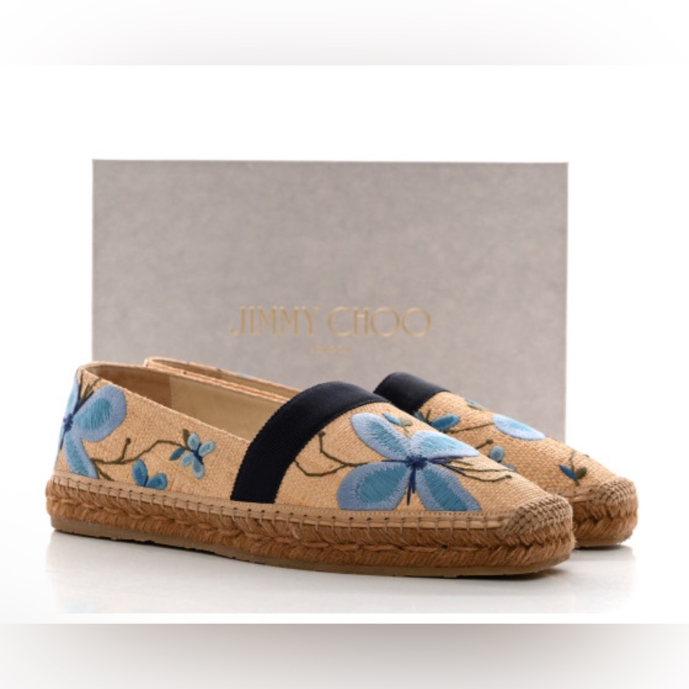 *EUC* Jimmy Choo Tan and Blue Embroidered Espadrilles